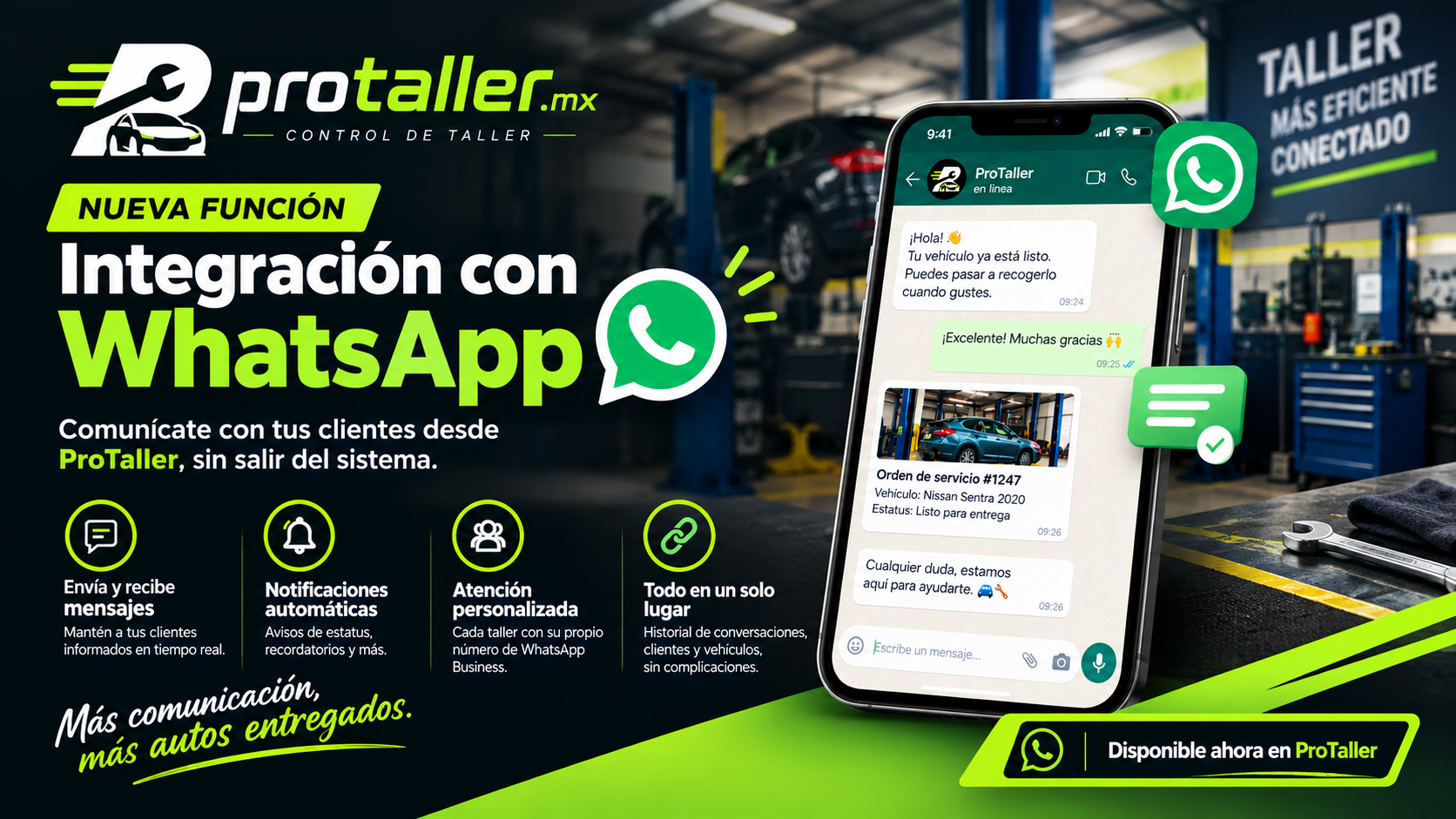 Chat de WhatsApp Business de Protaller avisando que un Nissan Sentra está listo para entrega